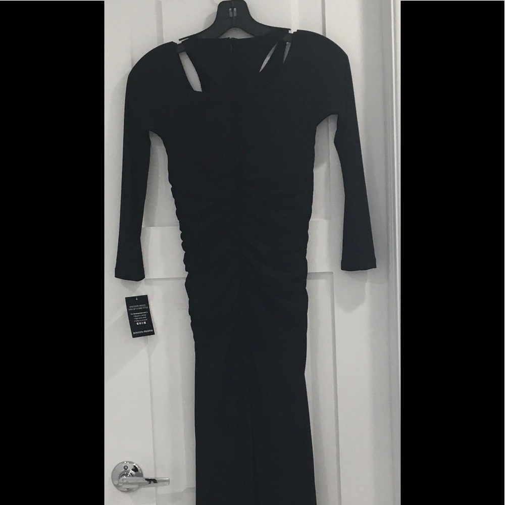 BOSTON PROPER Black Cold-Shoulder Ruched Slit Gown - Picture 5 of 8